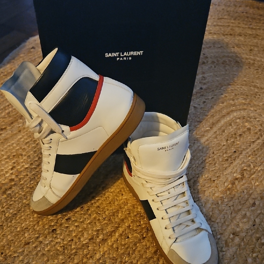 Saint Laurent White Leather High-Top Sneakers with Black & Red Accents
